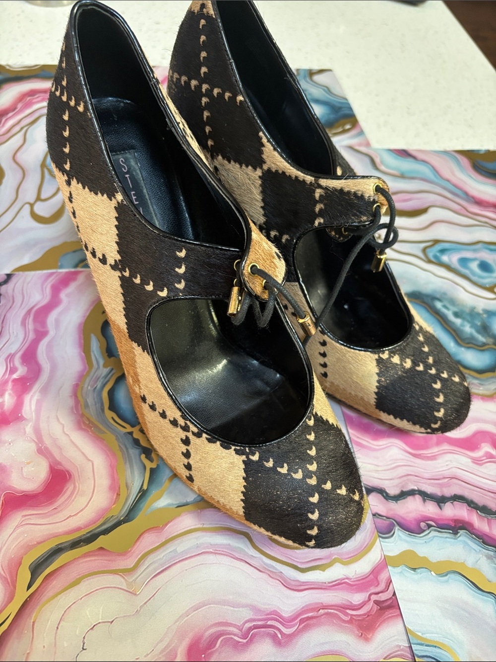 Vintage Steven by Steve Madden Argyle Calf hair Mary Jane’s 10